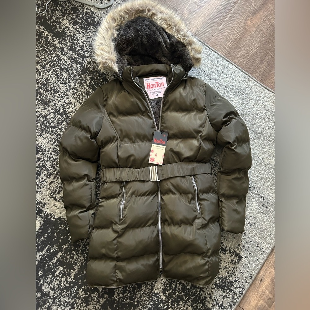 HanTon dark Olive Puffer Jacket with Faux Fur Hood